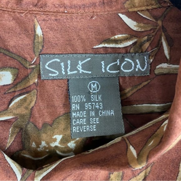 Silk Icon Brown Silk Bamboo Novelty Print Button Down Shirt Medium - Picture 9 of 10